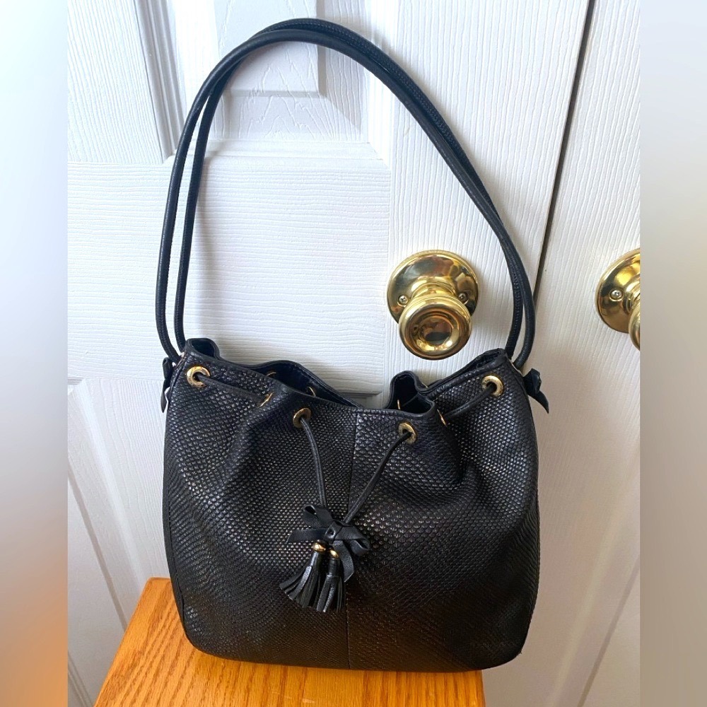 VINTAGE ST. JOHN Black with Gold Wash Snakeskin Embossed Bucket Bag